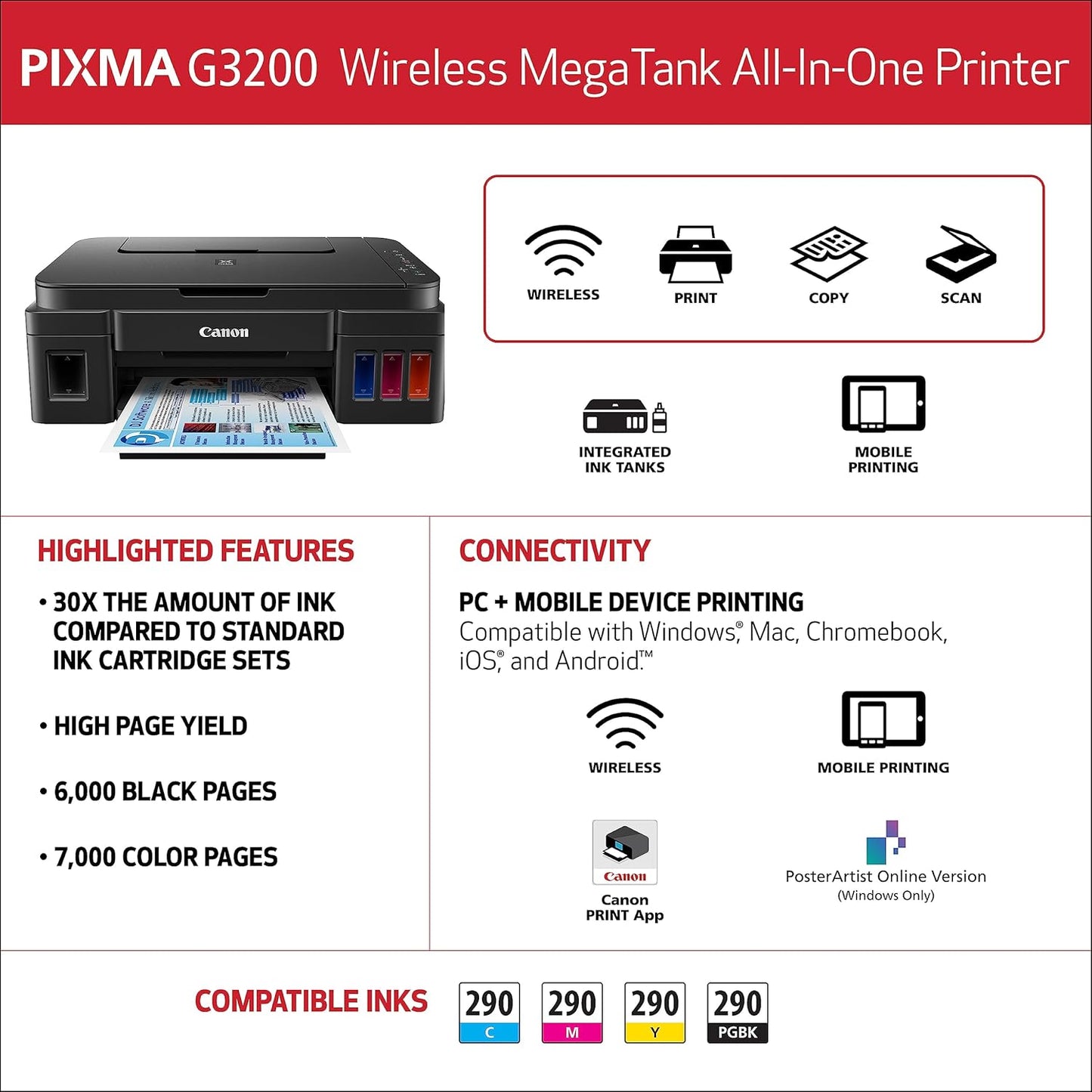 Canon 0630C002 G3200 MegaTank Wireless All-In-One Printer
