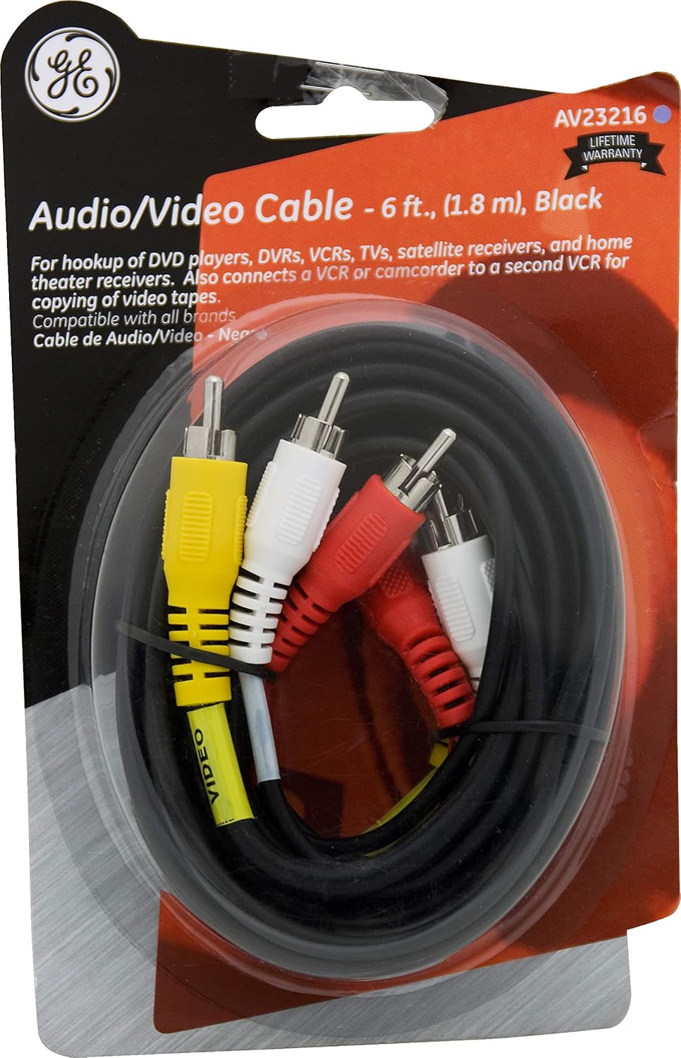 GE 23216 RCA Audio/Video Cable - 6 ft, 3-Male to 3-Male