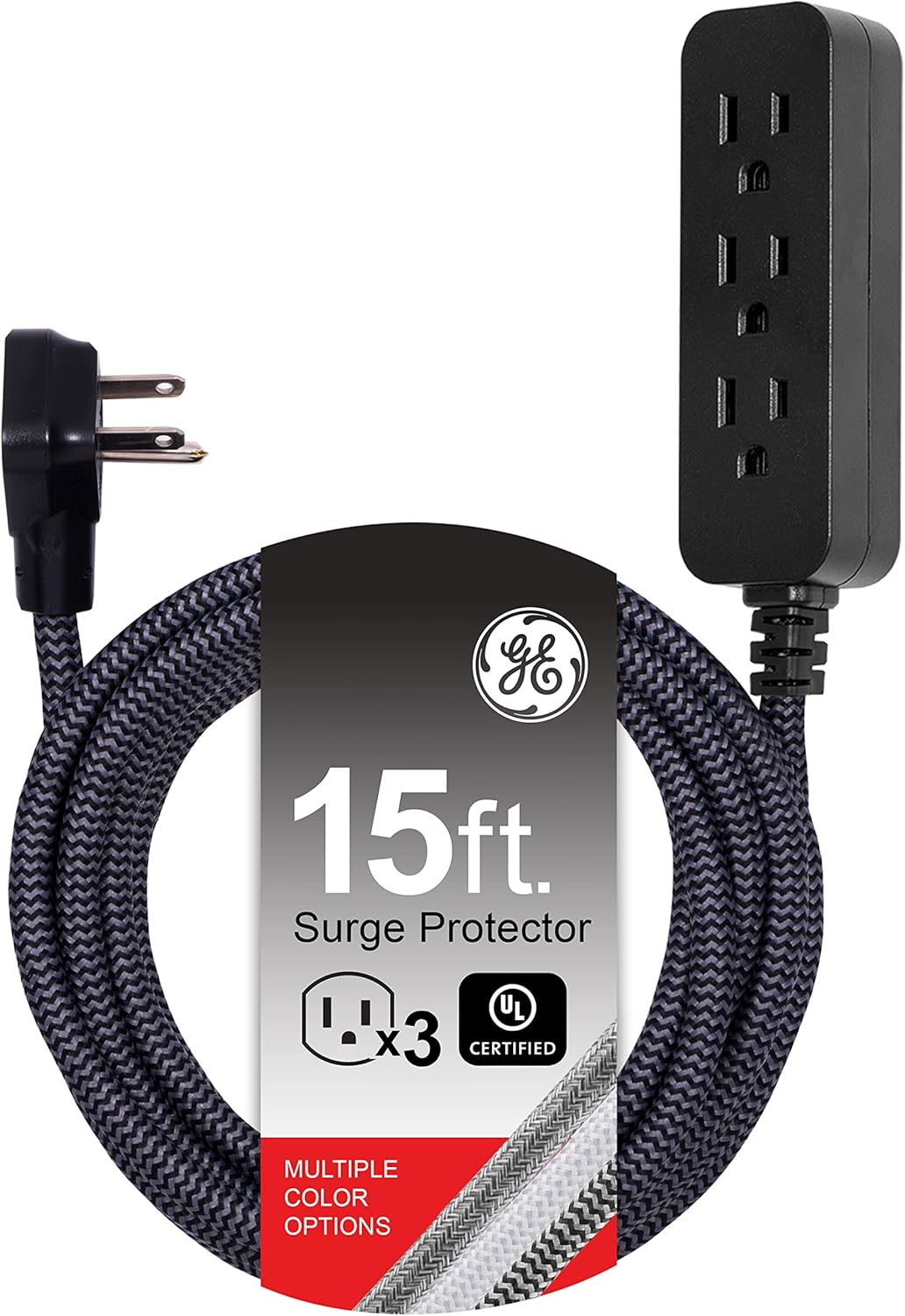 GE 44237 3-Outlet Power Strip Surge Protector 15 Ft Braided Cord