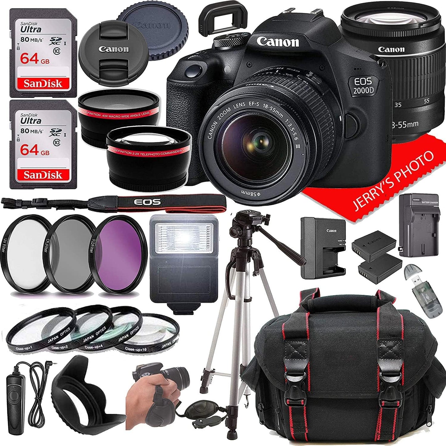 Canon EOS 2000D Rebel T7 DSLR + 18-55mm Lens 128GB Bundle (Renewed)