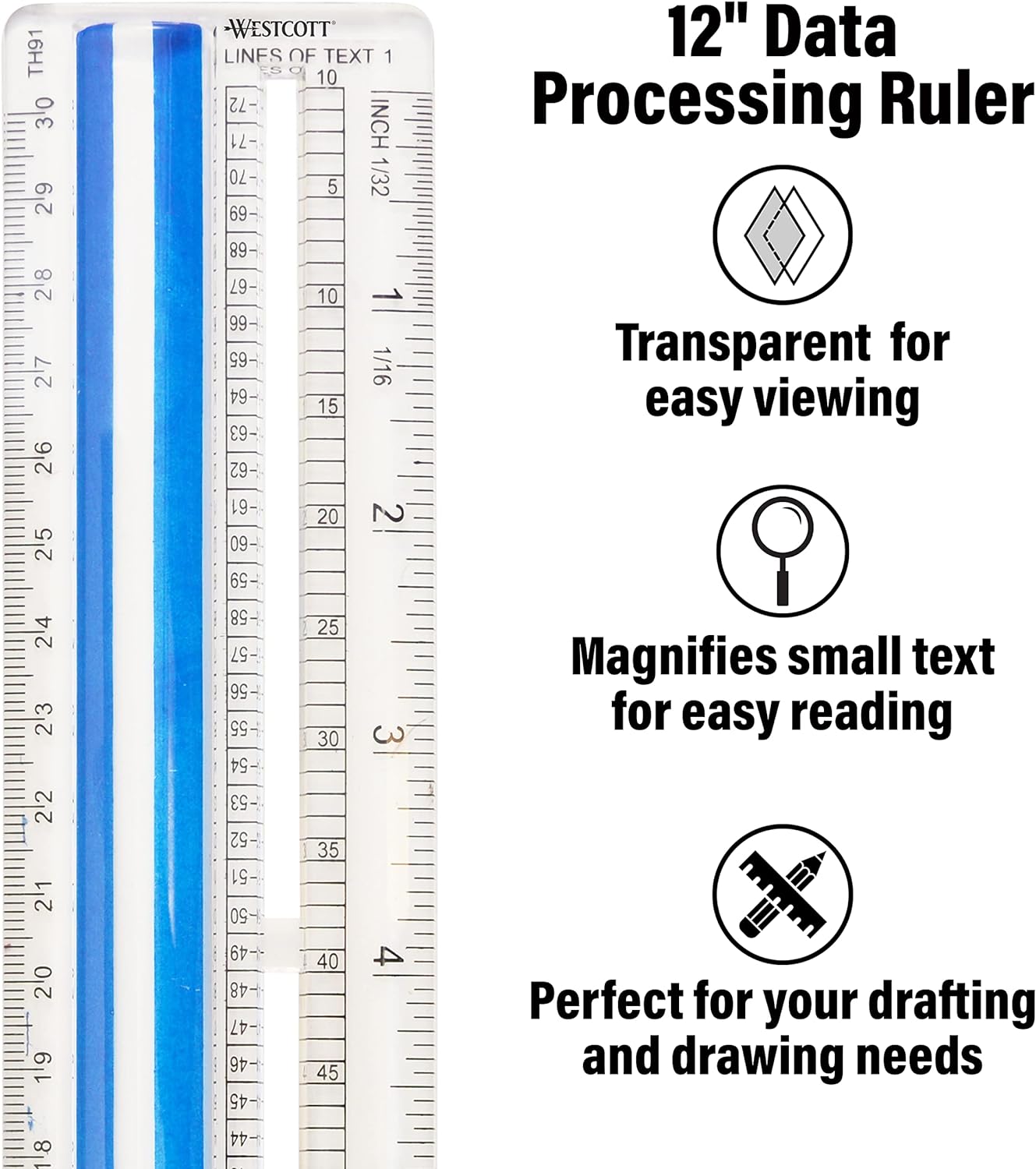 Westcott 14125 Magnifying Ruler - 12-Inch Clear Data Ruler