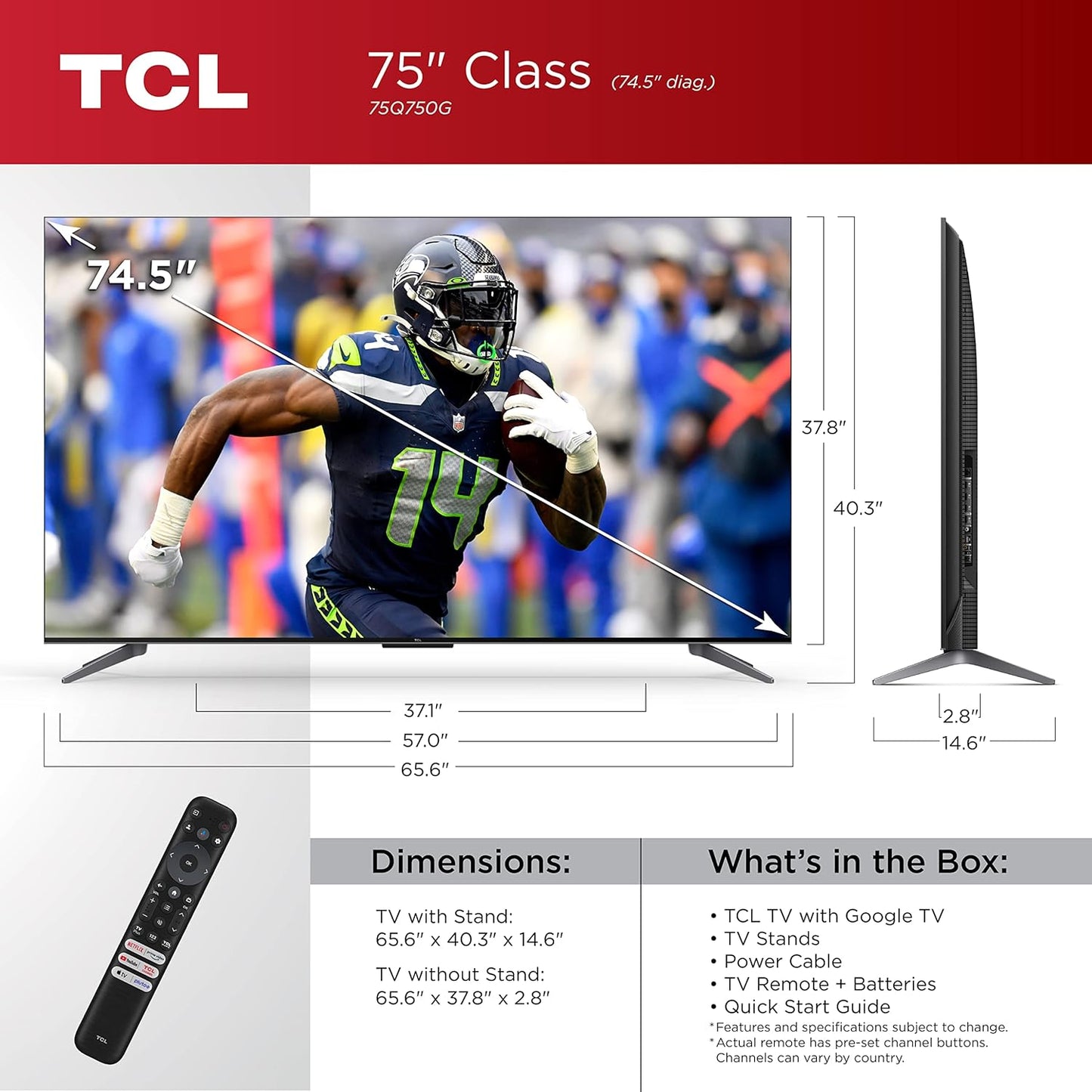 TCL 75Q750G 75-Inch QLED 4K Smart Google TV 120Hz