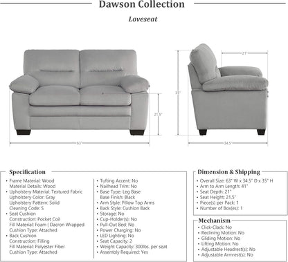 Lexicon Living Room Furniture Set: Sofa, Loveseat, Chair - Gray