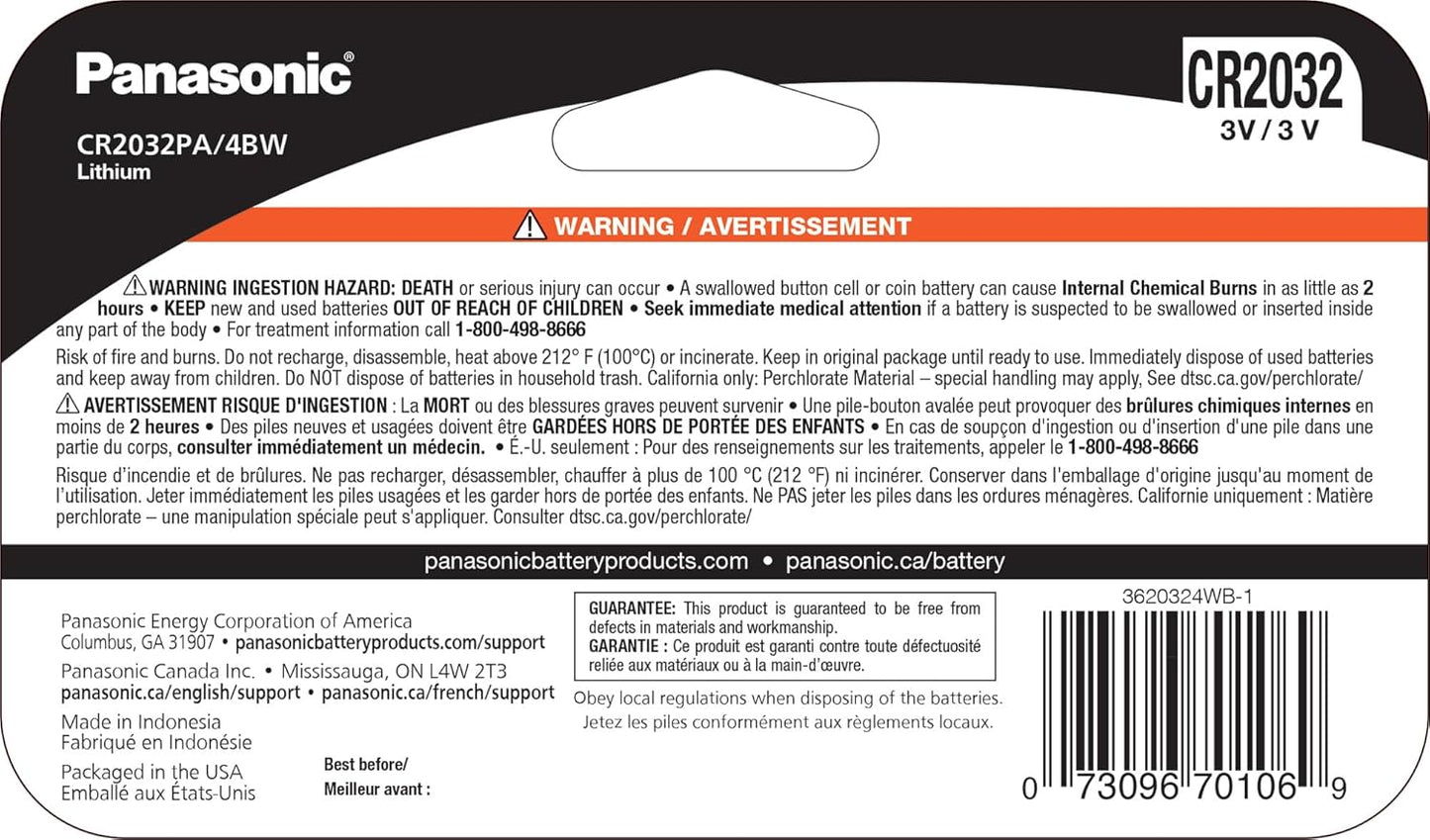Panasonic CR2032PA/4BW Lithium Coin Cell 4-Pack