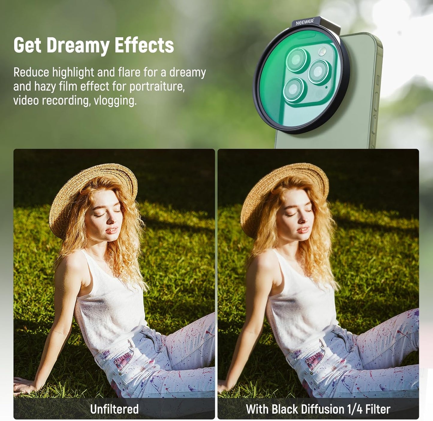 Neewer 10104891 67mm Black Diffusion Filter Phone Clip