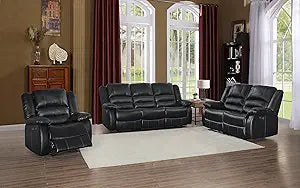 Lexicon 194840123545 Azrael 3-Piece Faux Leather Reclining Sofa Set - Black — main product image