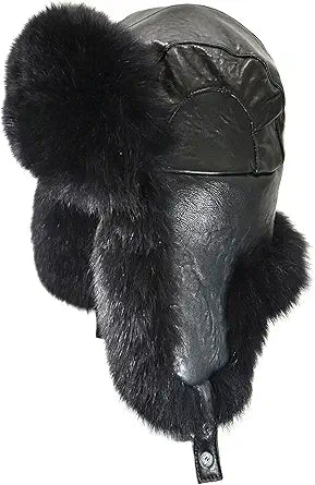 Crown Cap Black Fox Aviator Hat Lamb Leather