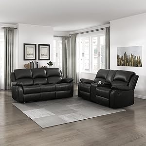 Lexicon 194840175681 Saffron Black Faux Leather Reclining Living Room Set — main product image