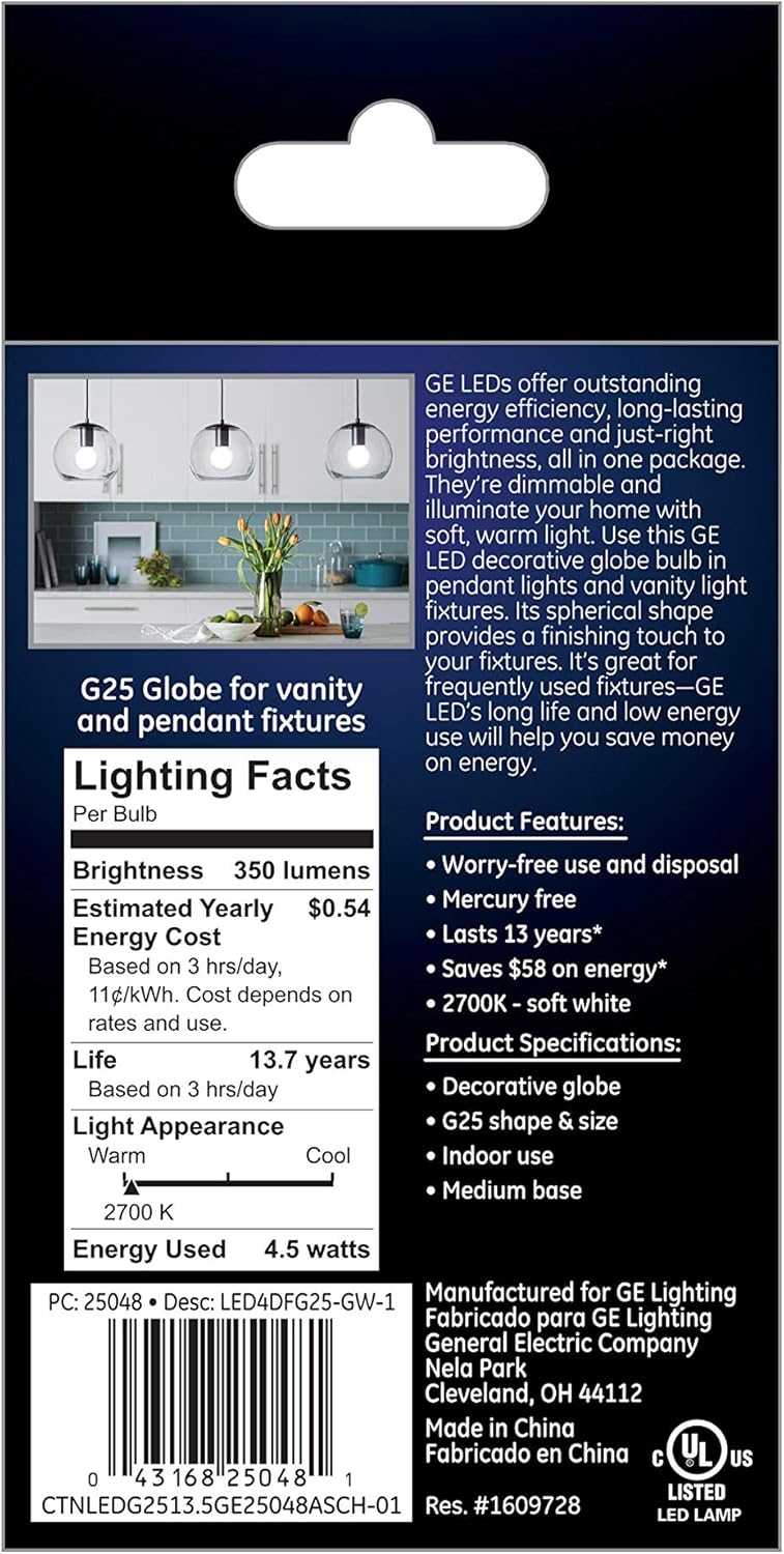 GE Lighting 25048 Dimmable LED G25 Globe Bulb