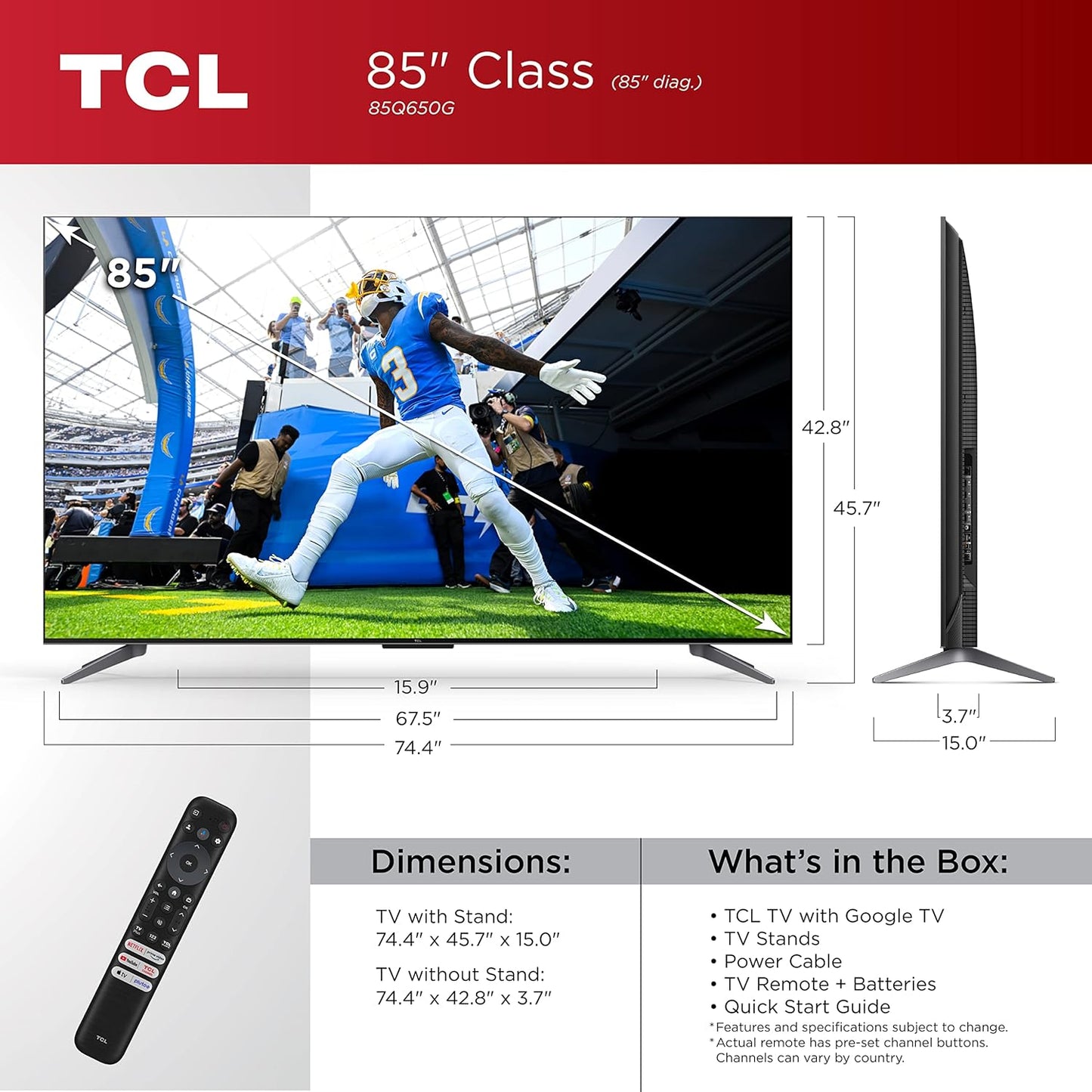 TCL 85Q650G 85-Inch QLED 4K Smart Google TV Dolby Vision