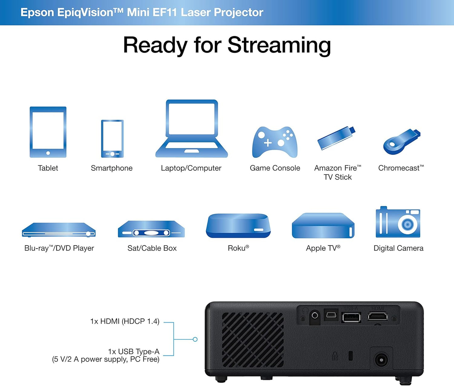 Epson V11HA23020-N EpiqVision Mini EF11 Projector (Renewed)