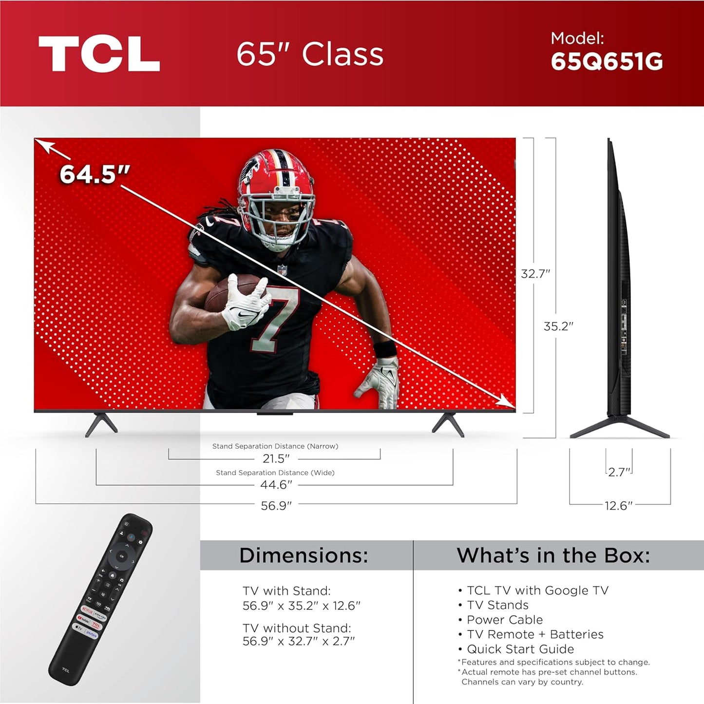 TCL 65Q651G 65-Inch QLED 4K Google Smart TV (2024)