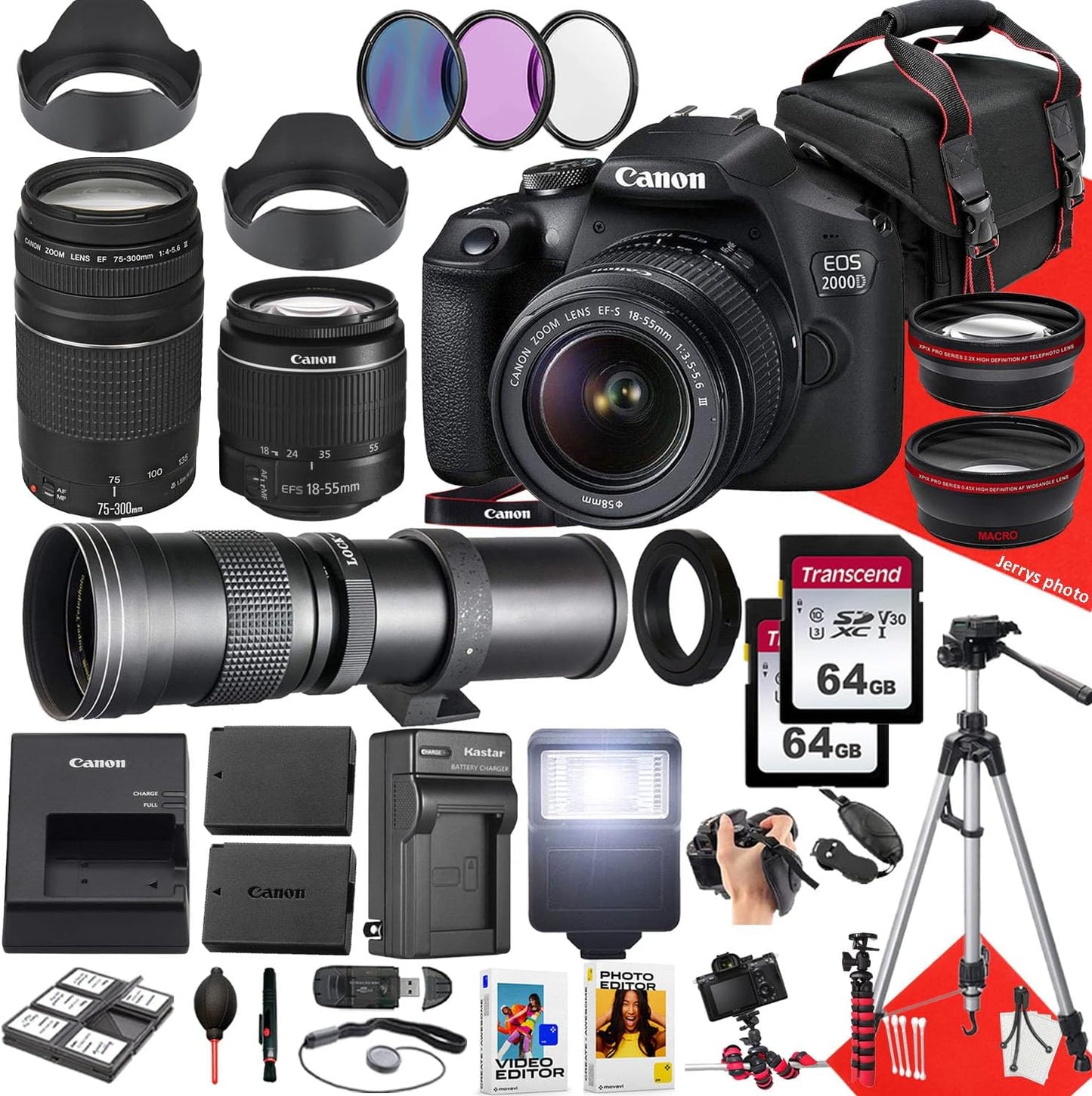 Canon Canon EOS 2000D Rebel T7 DSLR 18-55mm + 75-300mm Lens Bundle