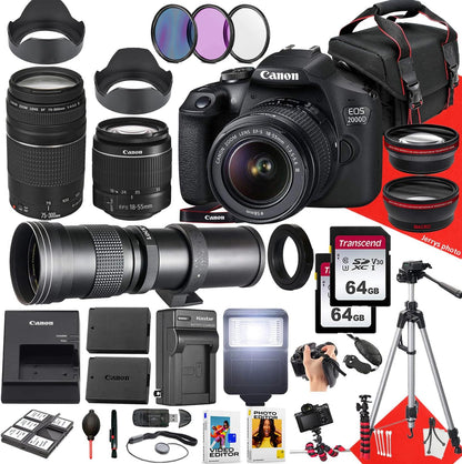 Canon Canon EOS 2000D Rebel T7 DSLR 18-55mm + 75-300mm Lens Bundle