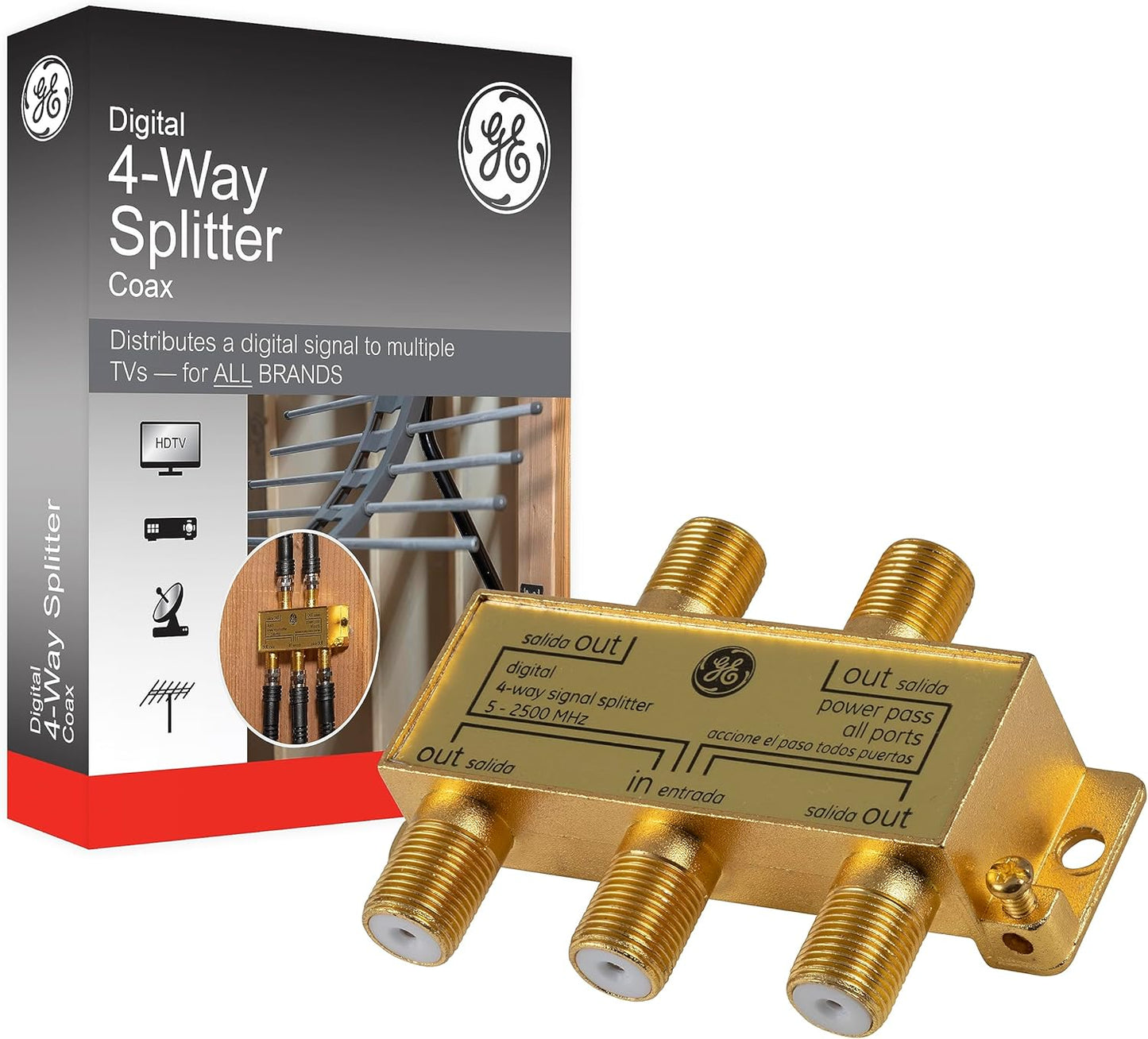 GE 33527 Digital 4-Way Coaxial Cable Splitter 2.5 GHz