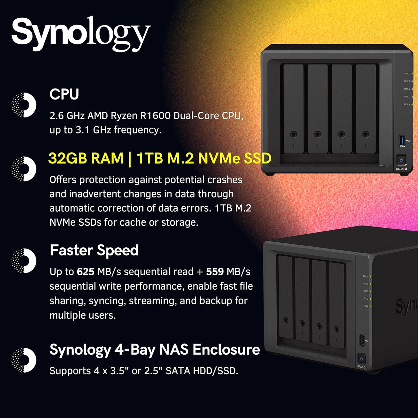 Synology DS923+ 4-Bay NAS Enclosure 32GB RAM 1TB SSD