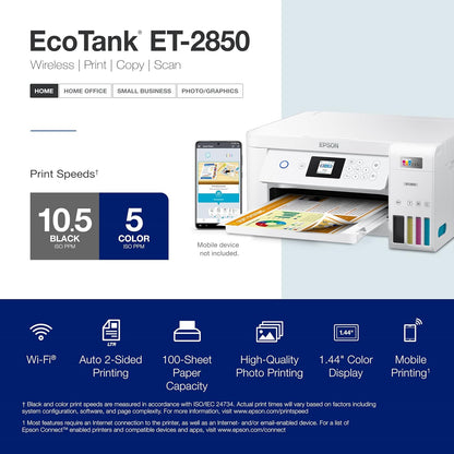 Epson ET-2850 EcoTank Wireless All-in-One Printer, White