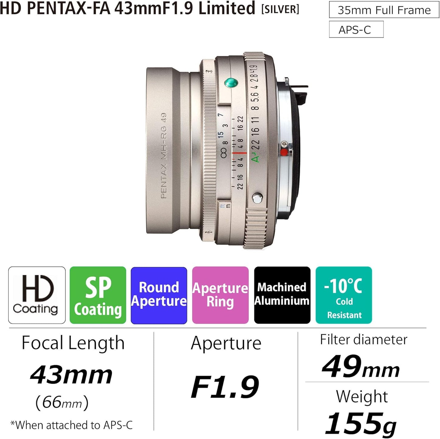 Pentax 20150 HD 43mm F1.9 Limited Silver Prime Lens