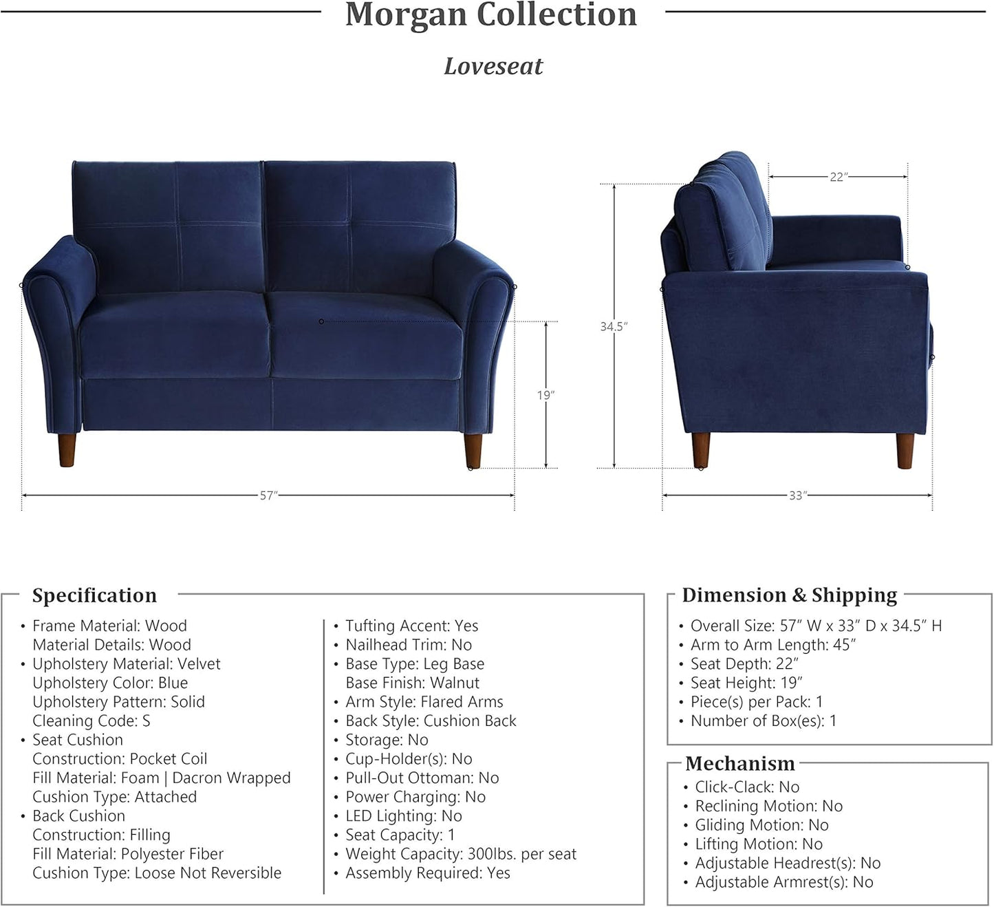 Lexicon Morgan Velvet Loveseat Sofa - Blue