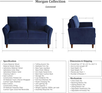 Lexicon Morgan Velvet Loveseat Sofa - Blue