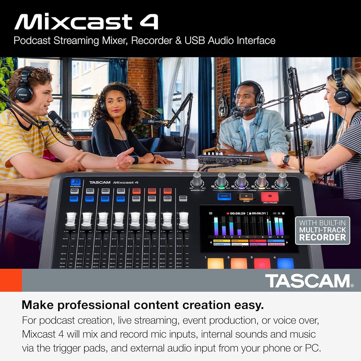 Tascam MIXCAST4 Podcast Streaming Mixer Recorder USB Interface
