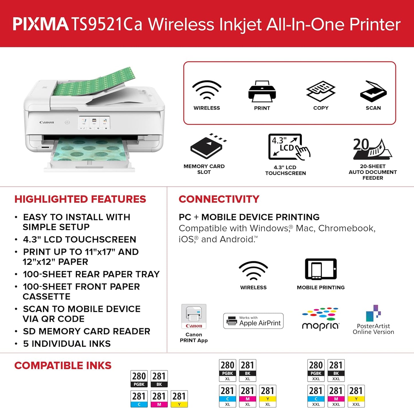 Canon 2988C052 PIXMA TS9521Ca Wireless All-in-One Printer