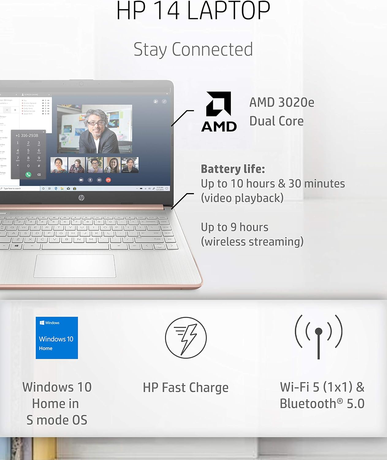 HP 14-fq0060nr Touch Laptop AMD 4GB 64GB Rose Gold