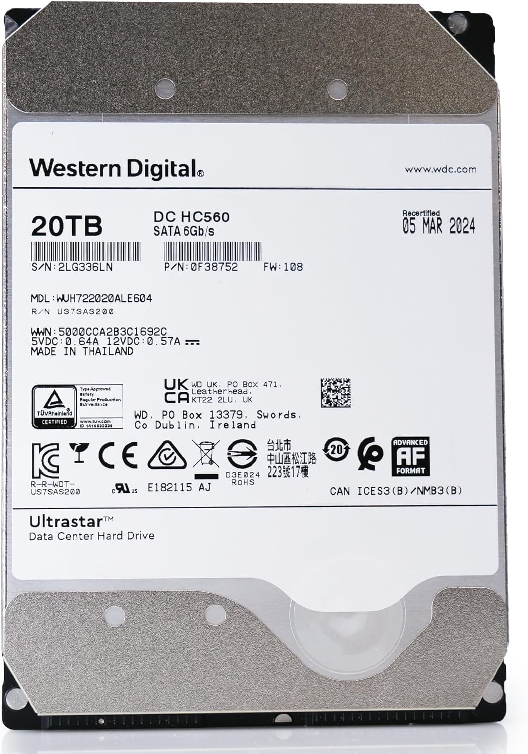 Western Digital WD Ultrastar DC HC560 20TB SATA HDD (Renewed)