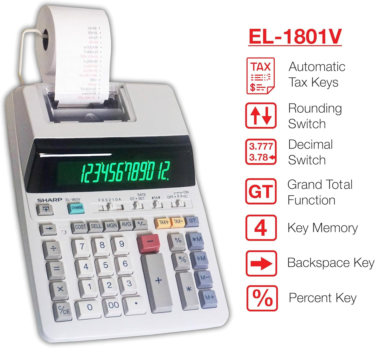 Sharp EL-1801V Ink Printing Calculator Fluorescent Display AC