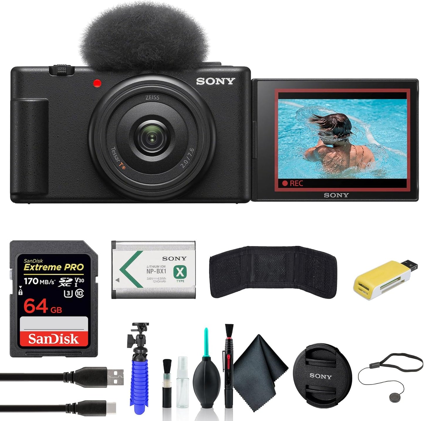 Sony ZV1F/B Vlogging Camera Black with Accessories Bundle