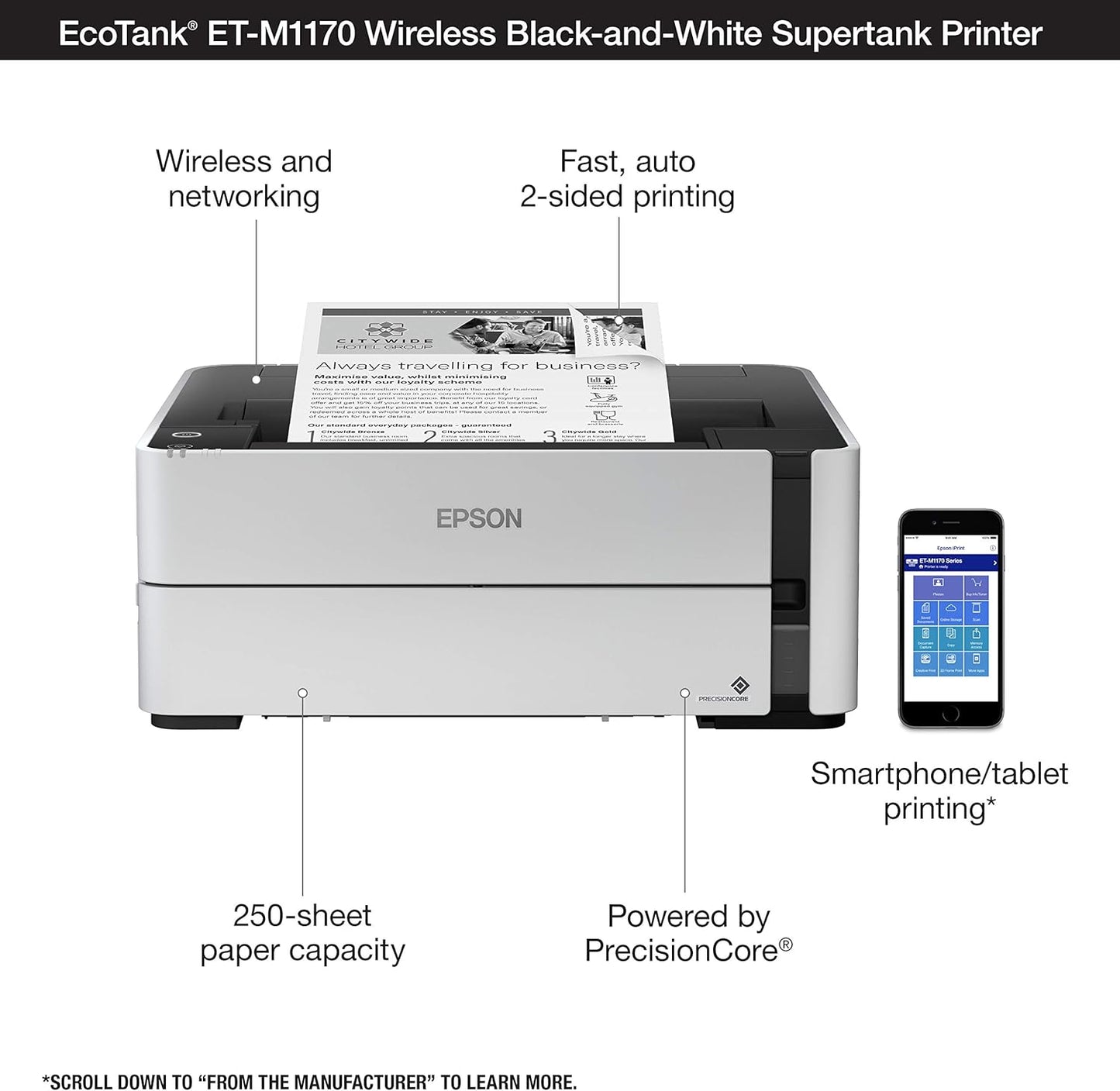 Epson ET-M1170 EcoTank Wireless Monochrome Printer with Ink