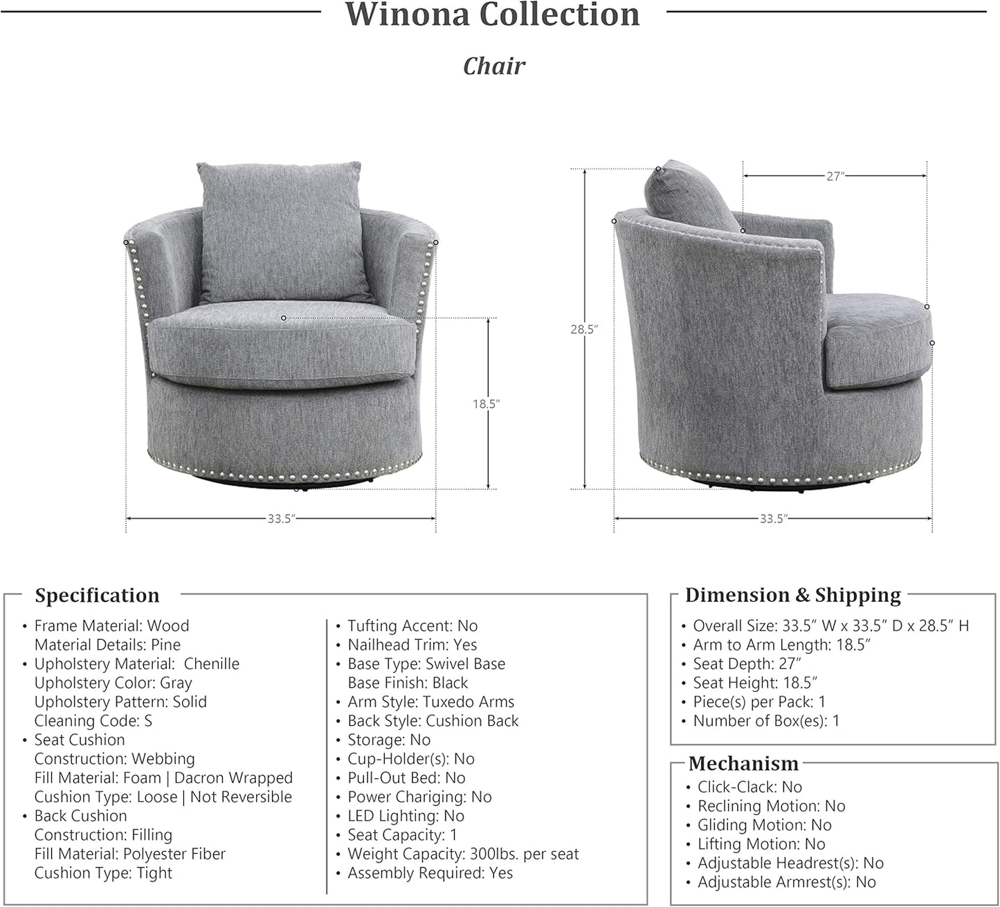 Lexicon S189468DG-1 Gray Chenille Swivel Accent Chair