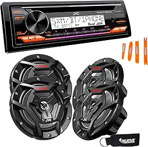 JVC KD-T91MBS Marine Stereo Bluetooth Speakers Bundle