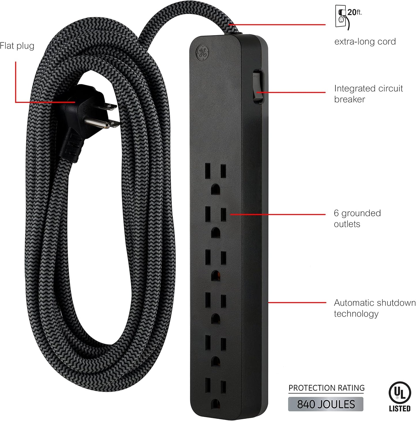 GE 62943 6-Outlet Surge Protector 20ft Braided Cord