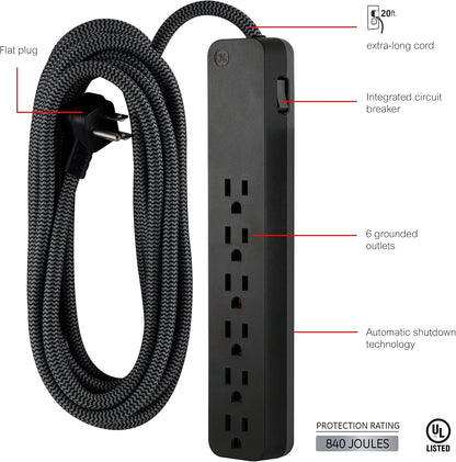 GE 62943 6-Outlet Surge Protector 20ft Braided Cord