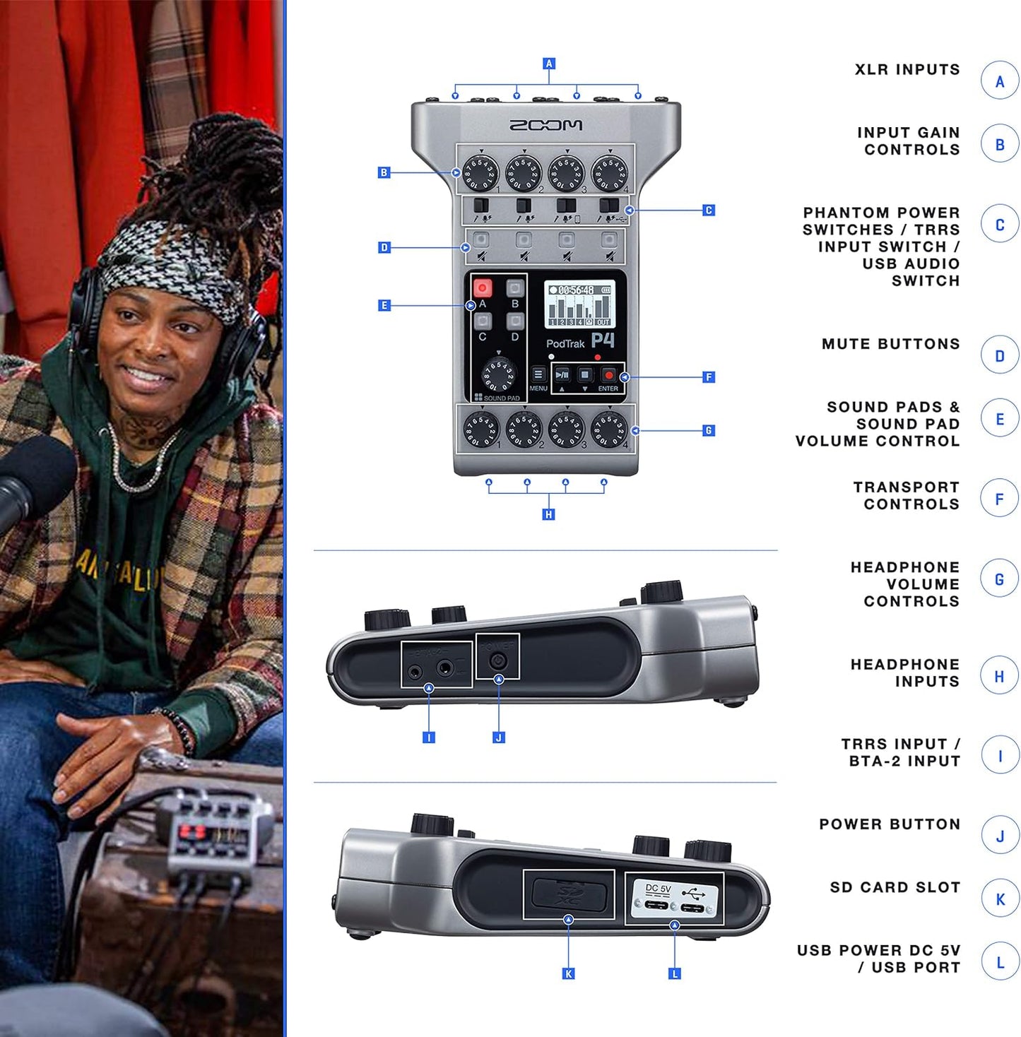 Zoom ZMP4K6 PodTrak P4 Podcast Recorder Mic Bundle