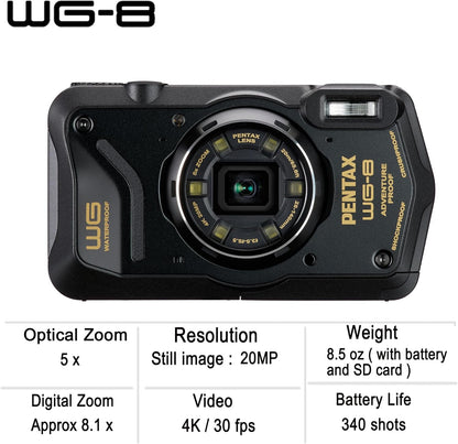 Pentax 01492 WG-8 Black Waterproof Adventure Camera