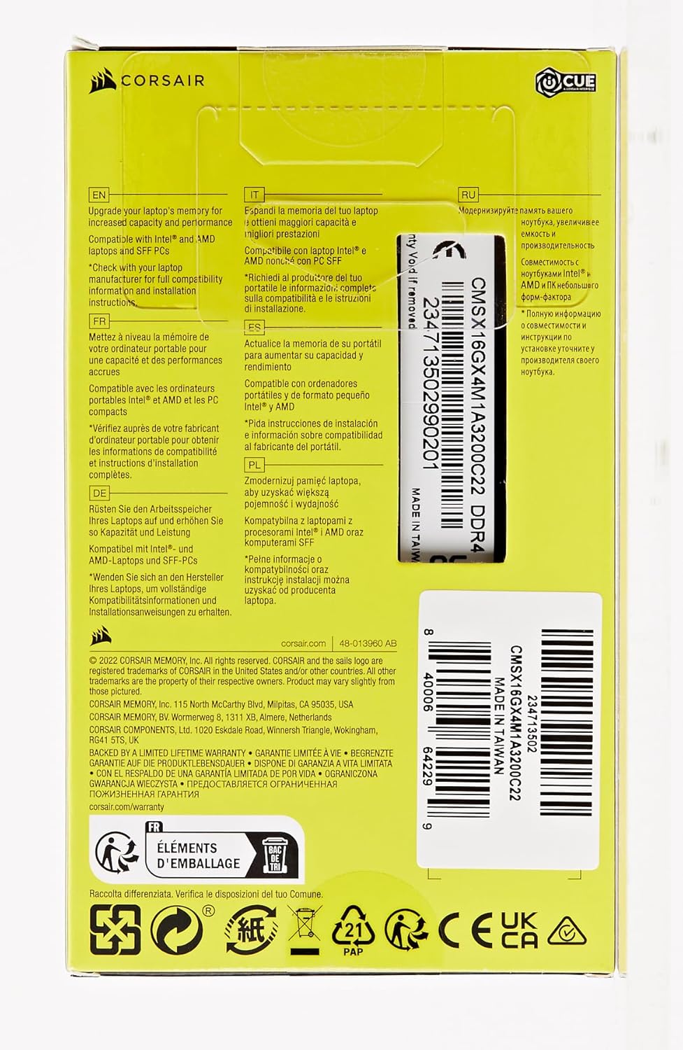 Corsair CMSX16GX4M1A3200C22 16GB Vengeance DDR4 SODIMM