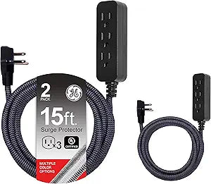 GE 53265 3-Outlet 15ft Braided Surge Protector 2-Pack