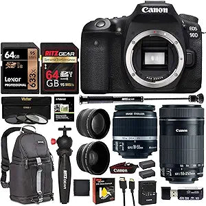 Canon 90d EOS DSLR Camera with 18-55mm 55-250mm Lens Bundle