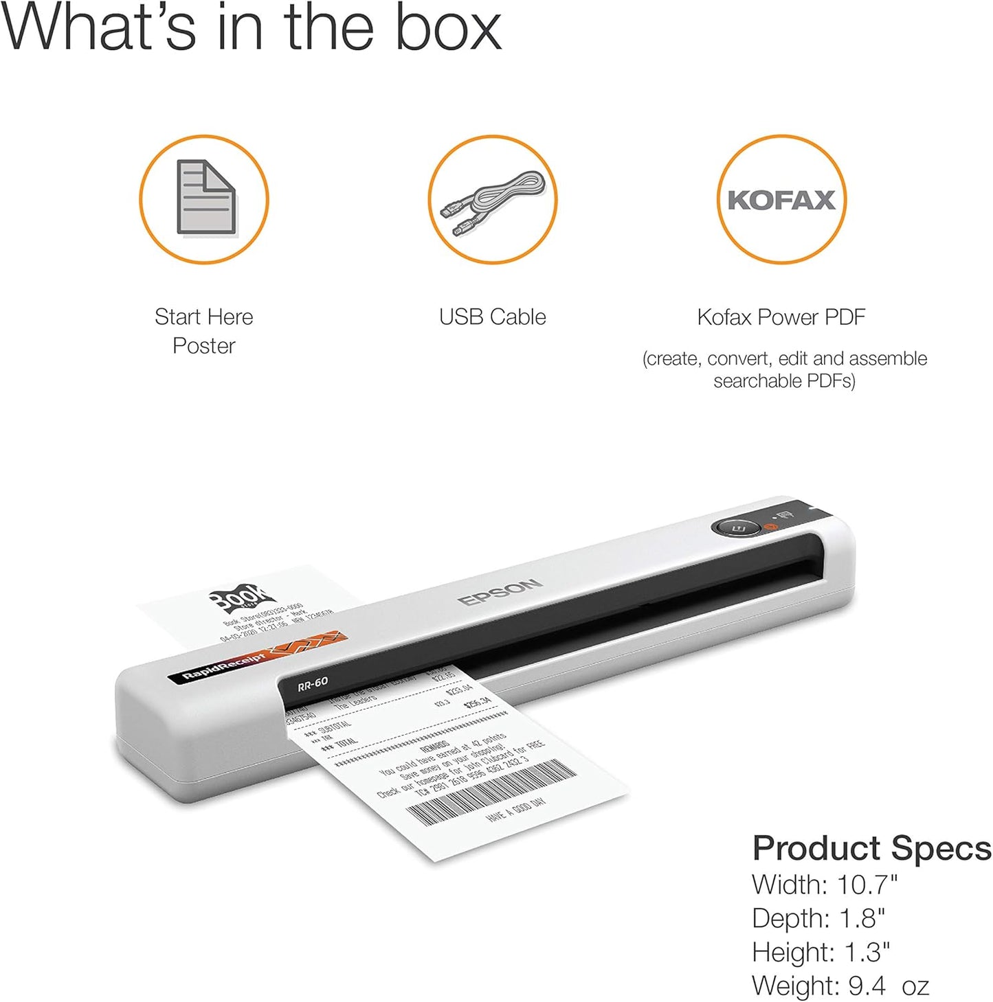 Epson B11B252204 RapidReceipt RR-60 Mobile Document Scanner