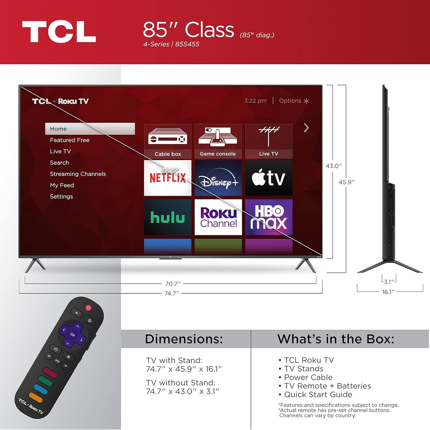 TCL 85S455 85-Inch 4K UHD Smart Roku TV