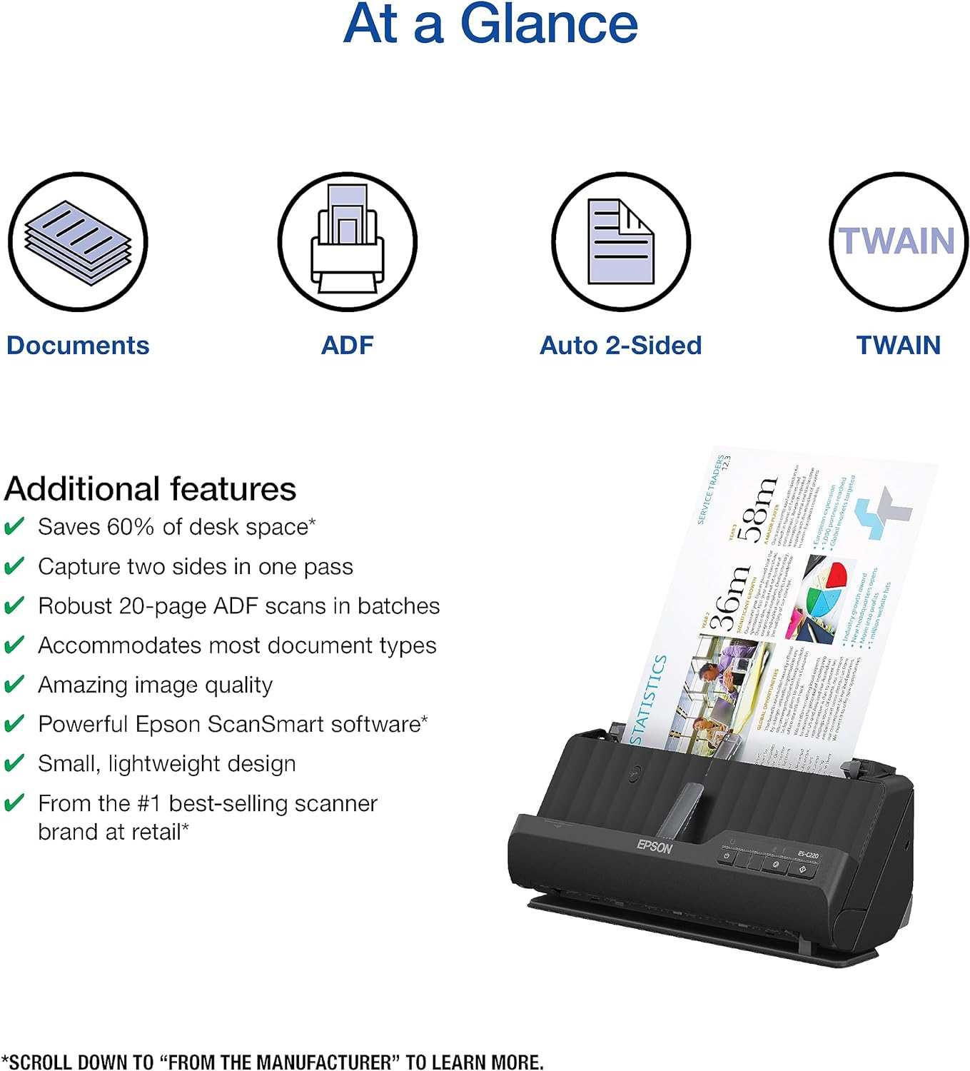 Epson B11B272202 Workforce ES-C220 Compact Document Scanner