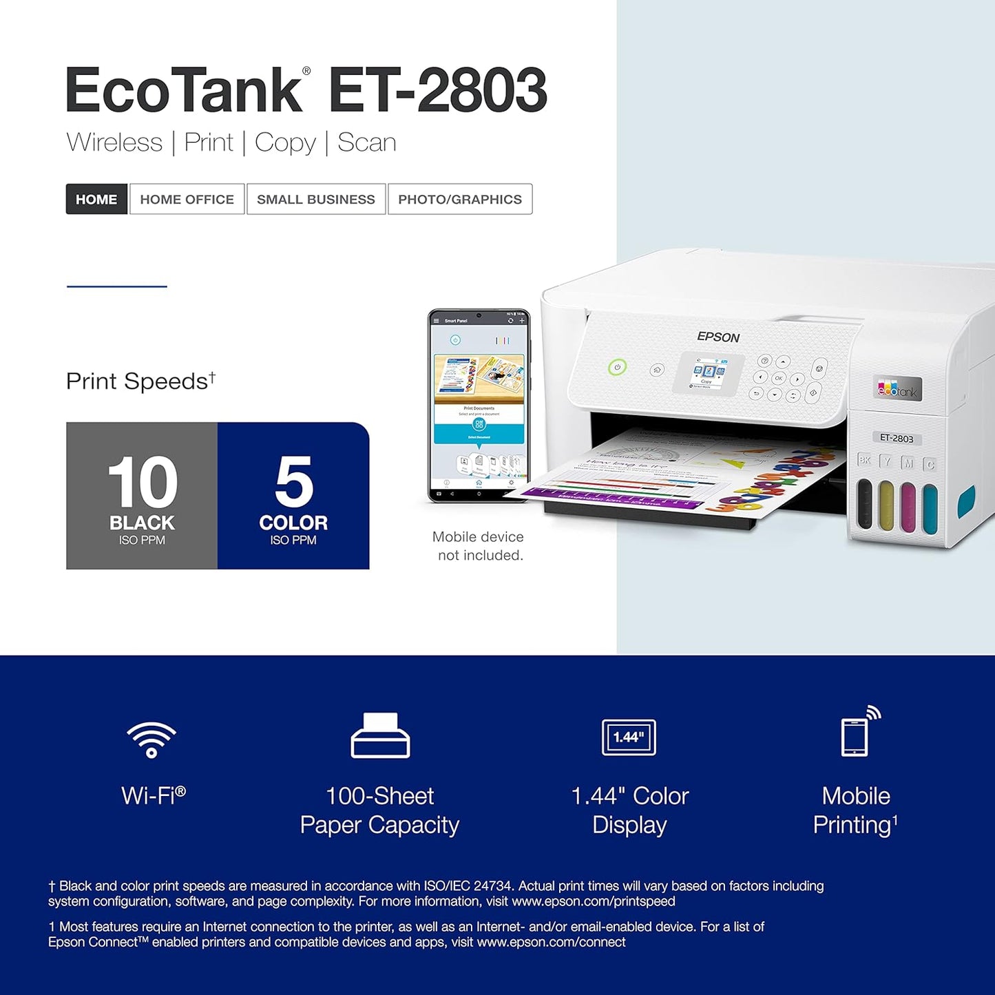 Epson EcoTank ET-2803 Cartridge-Free Wireless Printer Renewed