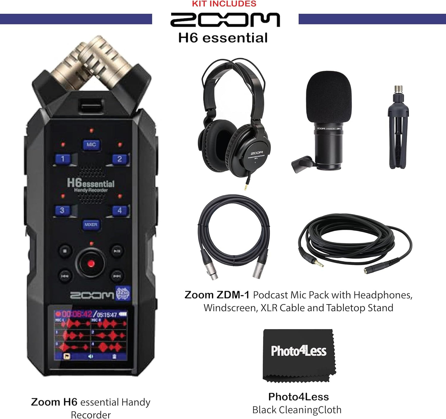 Zoom H6essential Portable Audio Recorder Podcast Mic Bundle