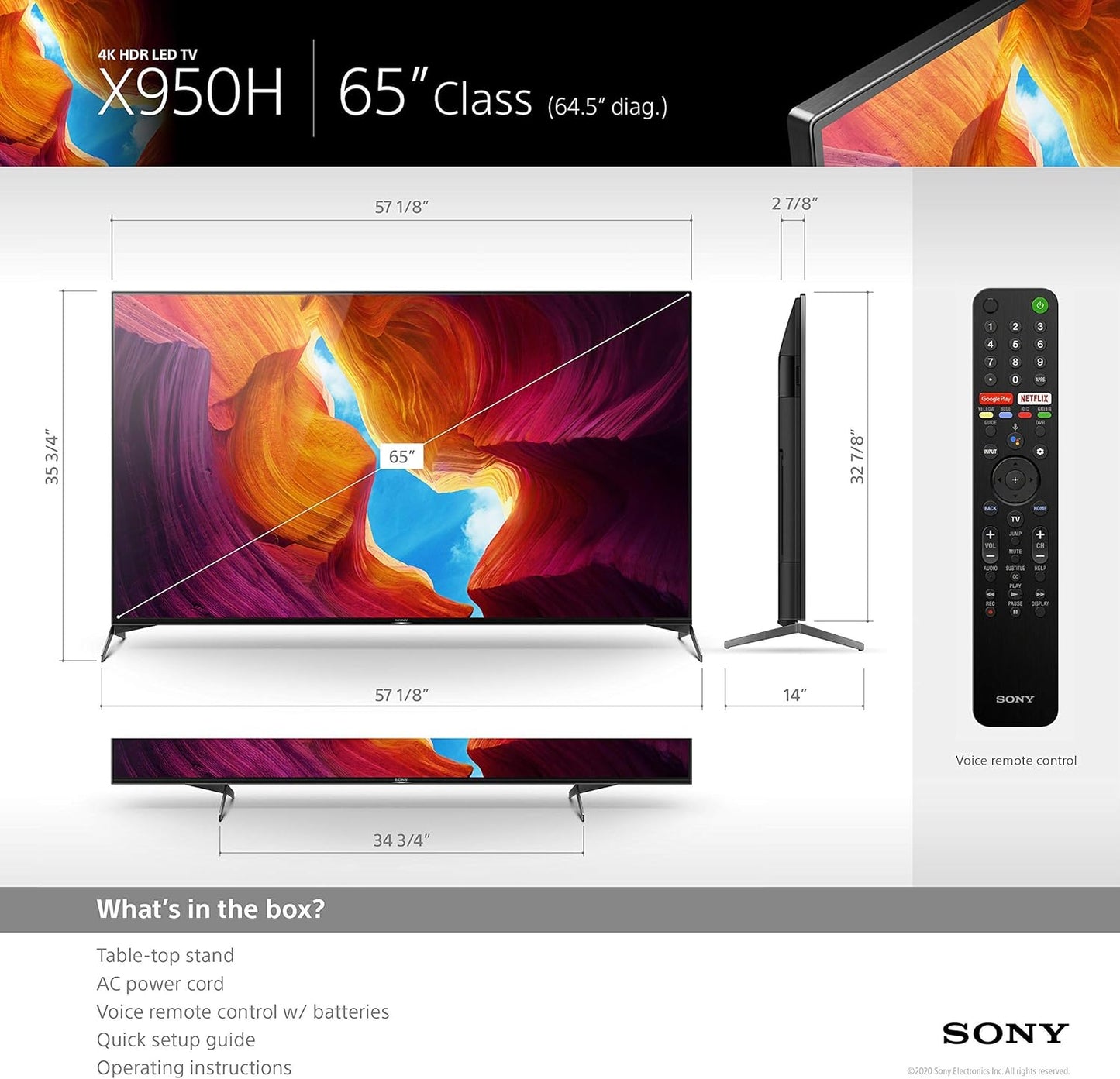 Sony XBR-65X950H 65" 4K TV with Austere HDMI Cable Used