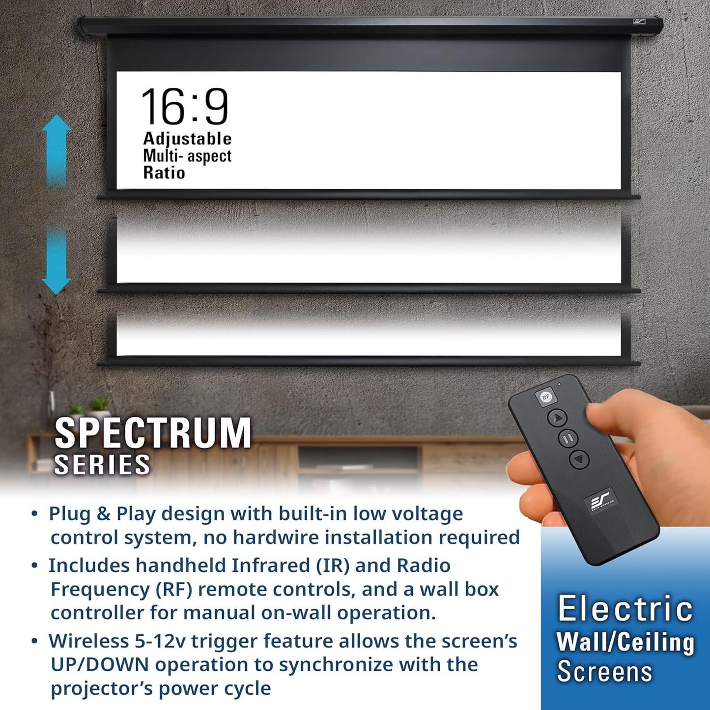 Elite Screens ELECTRIC125H2 125" Motorized Projector Screen Remote 4K/8K Ready