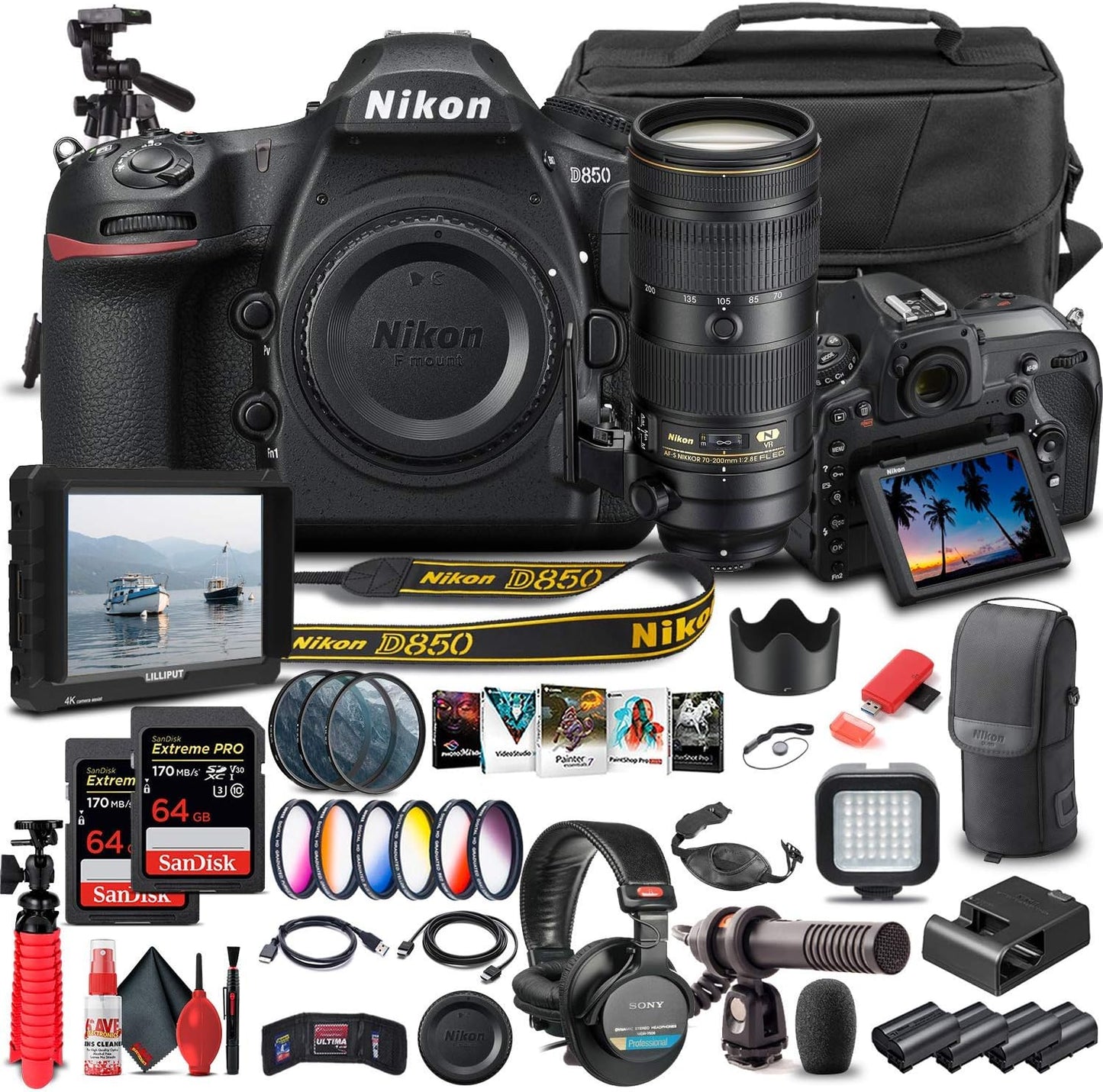 Nikon 1585 D850 Renewed DSLR Bundle: 70-200mm Lens & More
