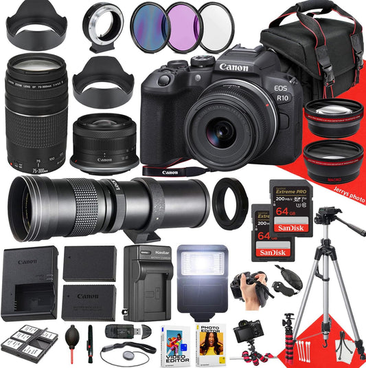 Canon R10 Mirrorless Camera Bundle + Lenses (Renewed)