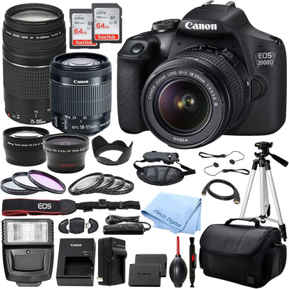 Canon 2000D Rebel T7 DSLR with 18-55mm 75-300mm Lens Bundle Renewed